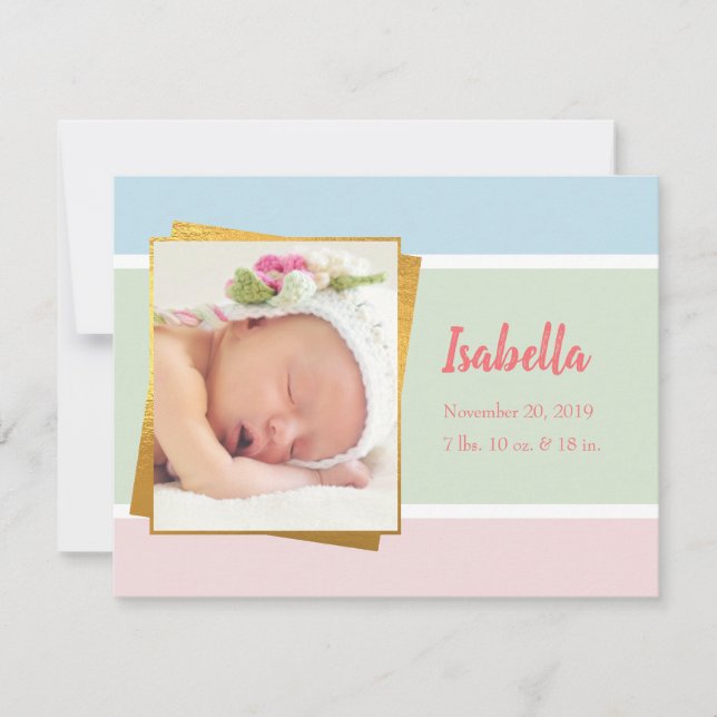 Sweet Pastel Baby Girl Photo Birth Record Stat Card (Front)