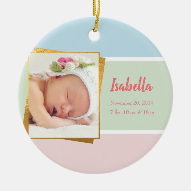 Sweet Pastel Baby Girl Photo Birth Record Stat Ceramic Ornament (Front)
