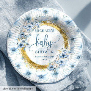 Sweet pastel blue flower gold boho boy baby plates