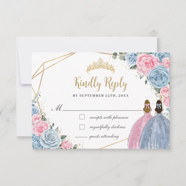 Sweet Pastel Blue Pink Quinceañera Twins Reply RSVP Card (Front)