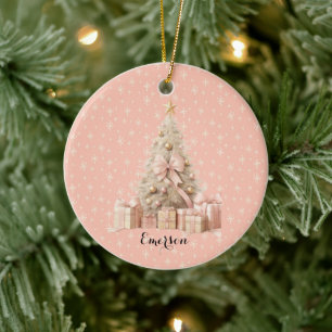 Sweet Pastel Blush Pink Snowflake & Christmas Tree Ceramic Ornament