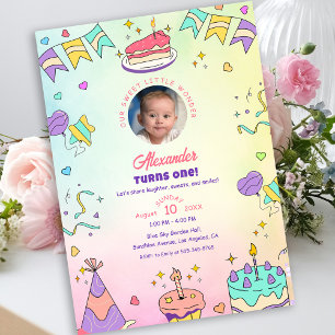 Sweet Pastel Cute Baby Boy 1st Birthday Photo Invitation