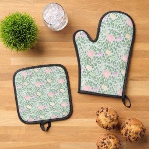 Sweet pastel flowers on blue oven mitt & pot holder set