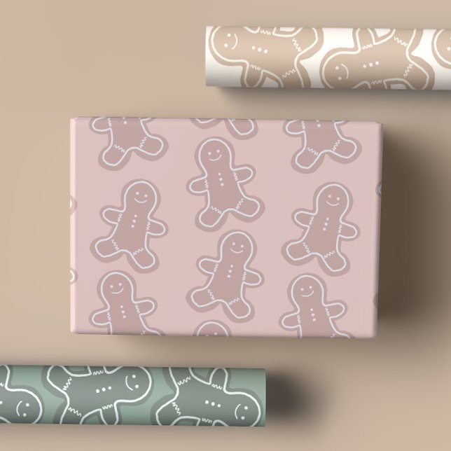 Sweet Pastel Green, Pink, Taupe Gingerbread Cookie Wrapping Paper Sheet (Creator Uploaded)