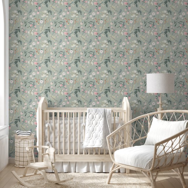 Sweet Pastel Green Watercolor Floral Wallpaper (Kids)
