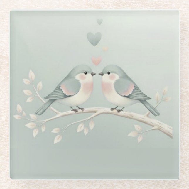 Sweet Pastel Love Birds: Whimsical Valentine’s Day Glass Coaster (Front)