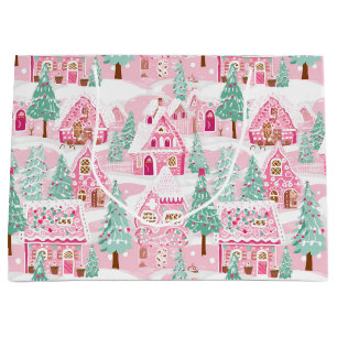 Sweet Pastel Pink Gingerbread Village Christmas Large Gift Bag