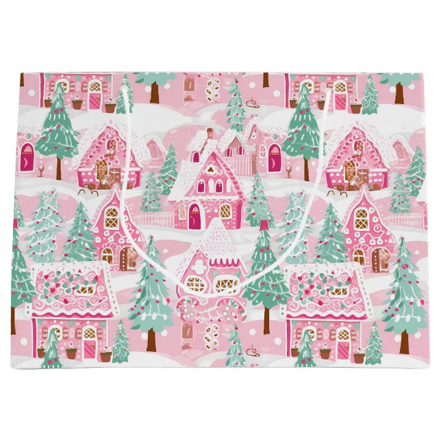 Sweet Pastel Pink Gingerbread Village Christmas Large Gift Bag (Front)