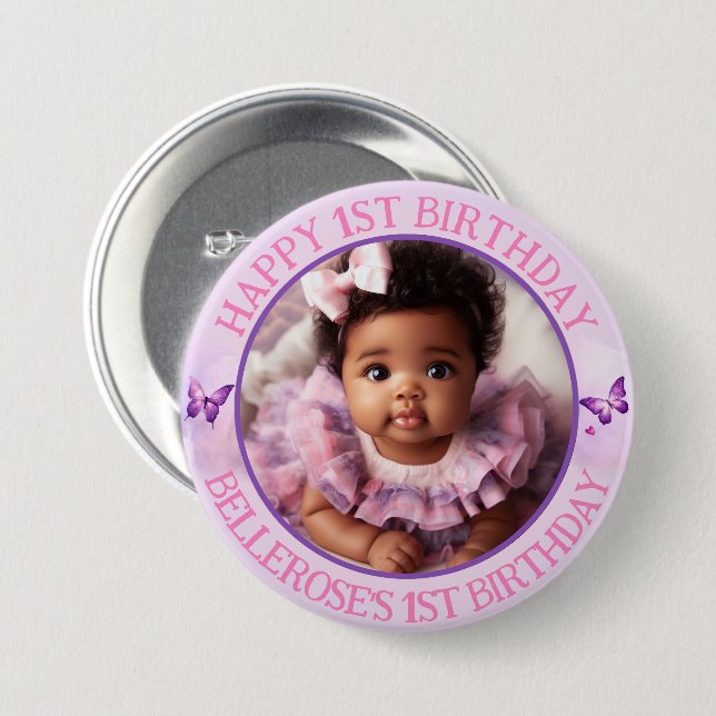 Sweet Pastel Pink/Purple 1st Birthday Photo 7.5 Cm Round Badge (Front & Back)