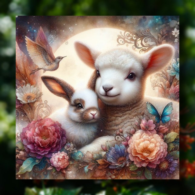 Sweet Pastel Watercolor Lamb Bunny Flowers Holiday Card (Creator Uploaded)