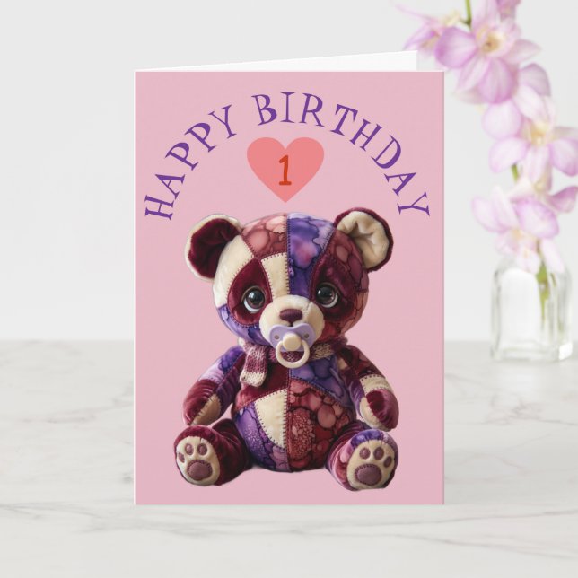 Sweet patchwork snuggle Bear Card (Orchid)