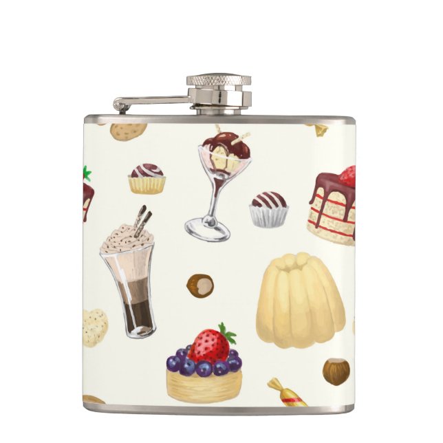 Sweet pattern with various desserts. hip flask (Front)