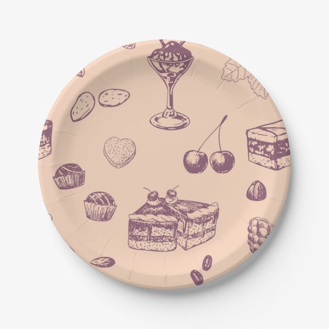 Sweet pattern with various desserts. paper plate (Front)