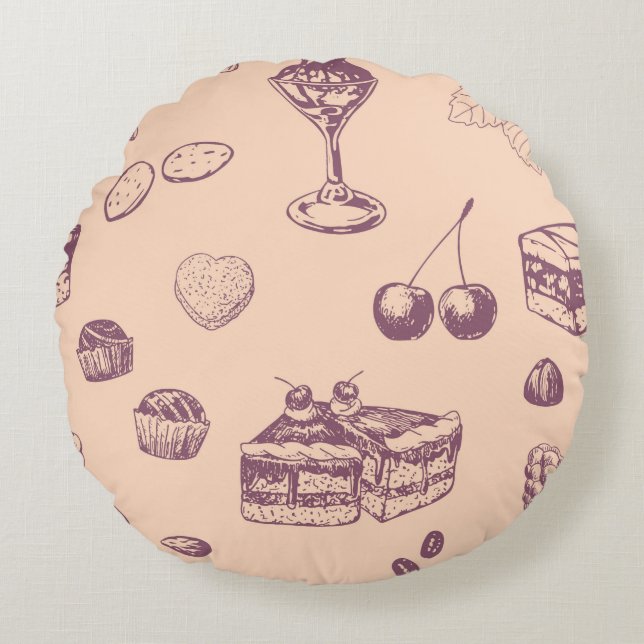 Sweet pattern with various desserts. round cushion (Front)