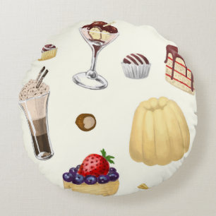Sweet pattern with various desserts. round cushion