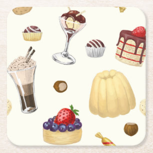Sweet pattern with various desserts. square paper coaster