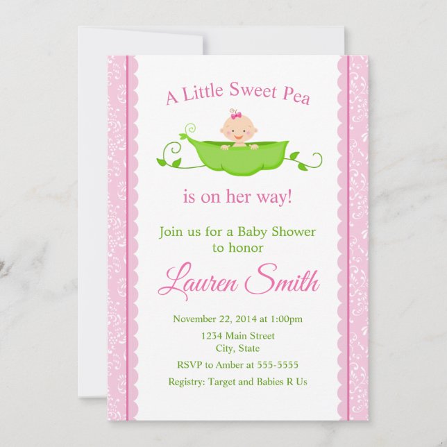 Sweet Pea Baby Shower Invitation Pink Girl Baby (Front)