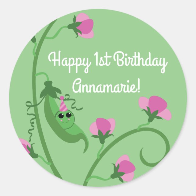 Sweet Pea Cute 1st Birthday Party Classic Round Sticker (Front)