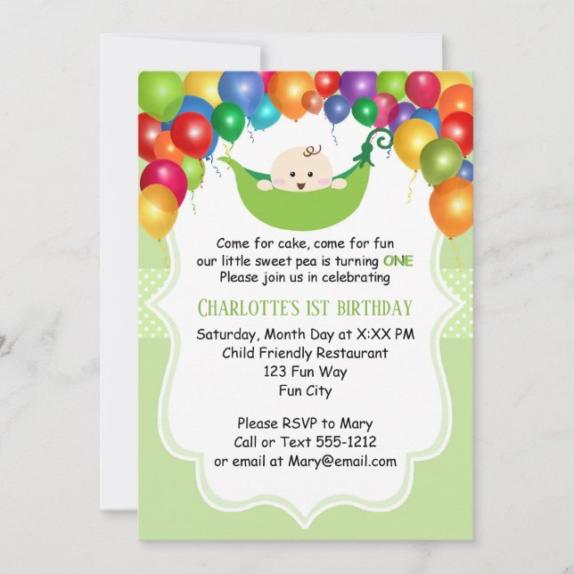 Sweet Pea First Birthday invitation (Front)