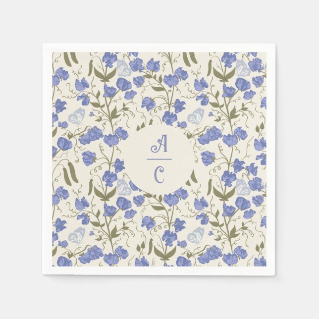 Sweet Pea Floral Blue and Cream  Napkin (Front)