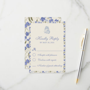 Sweet Pea Floral Blue and Cream RSVP Card
