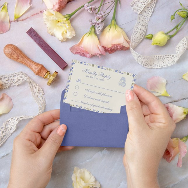 Sweet Pea Floral Blue and Cream  RSVP Card (Creator Uploaded)