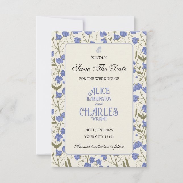 Sweet Pea Floral Blue and Cream  Save The Date (Front)
