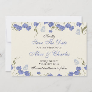 Sweet Pea Floral Blue and Cream Save the Date Invitation