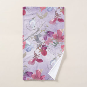 Sweet Pea Floral Pattern on Purple Hand Towel