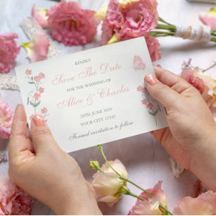 Sweet Pea Floral PInk and Cream Save the Date Invitation