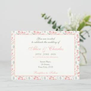 Sweet Pea Floral PInk and Cream Wedding Invitation