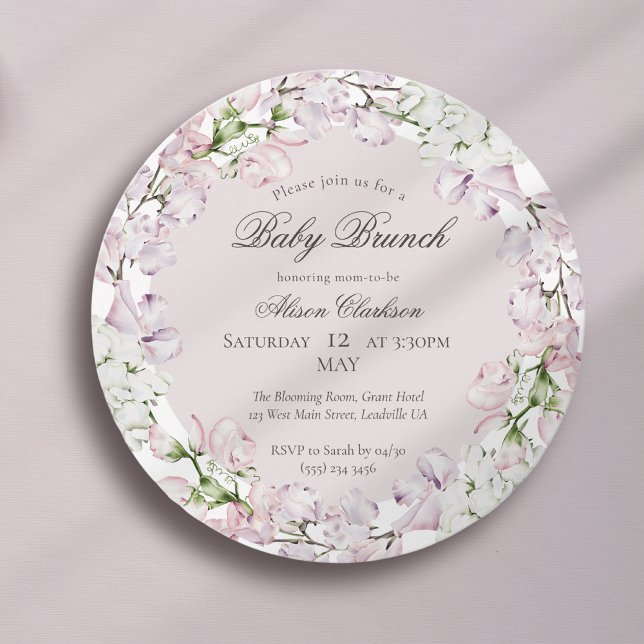 Sweet Pea flower Baby brunch elegant Round  Invitation (Creator Uploaded)