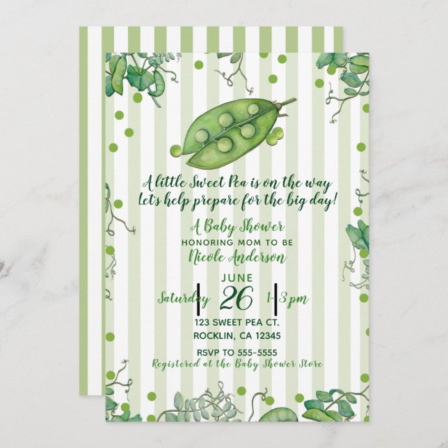 Sweet Pea Green Whimsical Polka Dot Baby Shower Invitation (Front/Back)