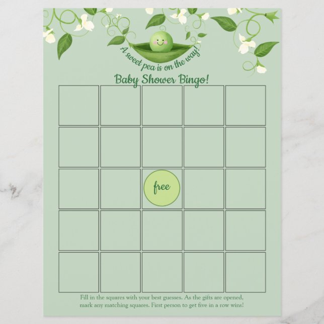 Sweet Pea in a Pod Baby Shower Bingo Game card (Front)