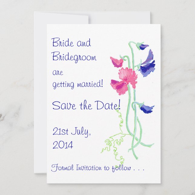 Sweet Pea Pink and Blue 'Save the Date' Card (Front)