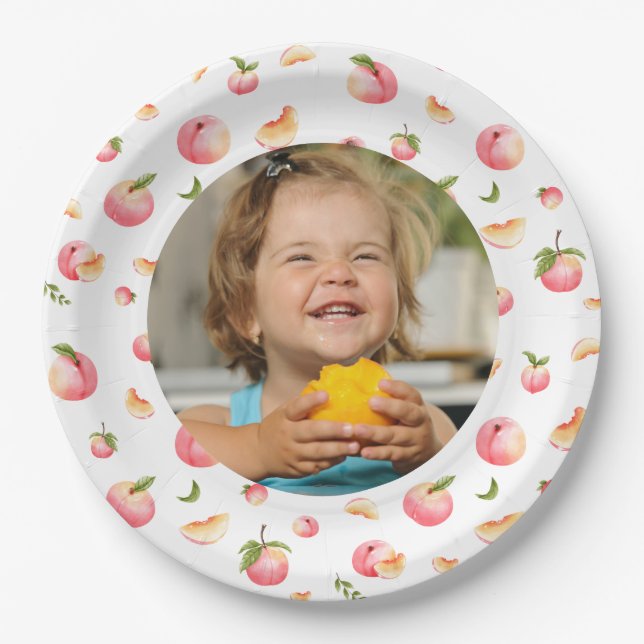 Sweet Peach 1st Birthday Photo Paper Plate (Front)