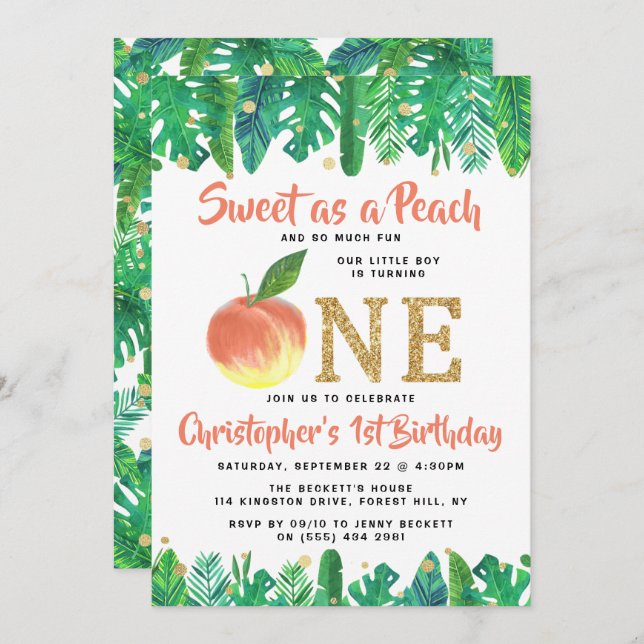 Sweet Peach Boys 1st Birthday Invitation (Front/Back)