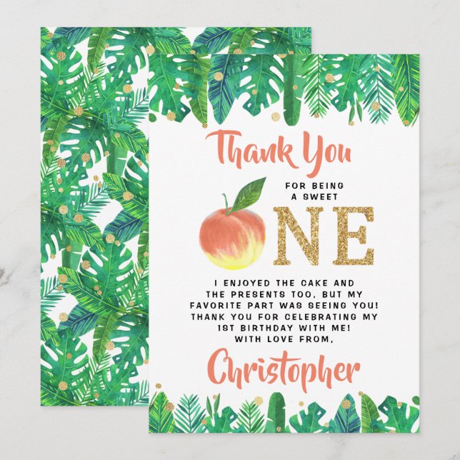 Sweet Peach Boys 1st Birthday Thank You Card (Front/Back)