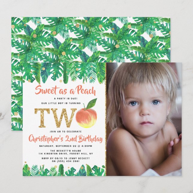 Sweet Peach Boys 2nd Birthday Photo Invitation (Front/Back)