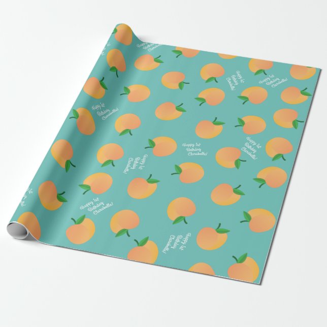 Sweet Peach Cute Fruit 1st Birthday Party Theme Wrapping Paper (Unrolled)