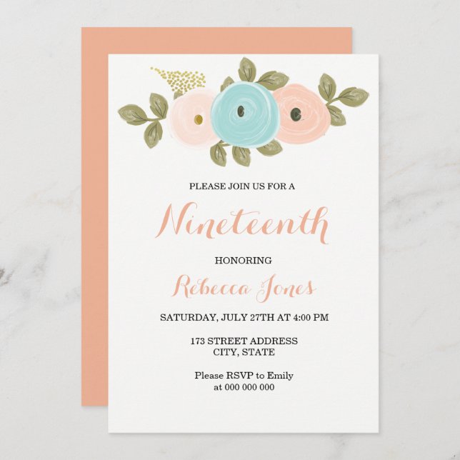 Sweet Peach Floral 19th Birthday Party Invitation (Front/Back)
