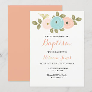 Sweet Peach Floral Baptism Invitation