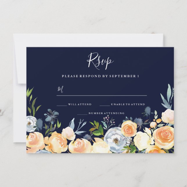 Sweet Peach Flowers Navy Wedding Invitation (Front)