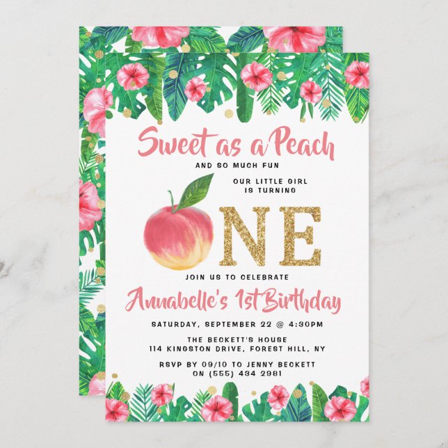 Sweet Peach Girls 1st Birthday Invitation (Front/Back)