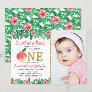 Sweet Peach Girls 1st Birthday Photo Invitation
