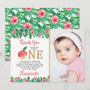 Sweet Peach Girls 1st Birthday Photo Thank You Card
