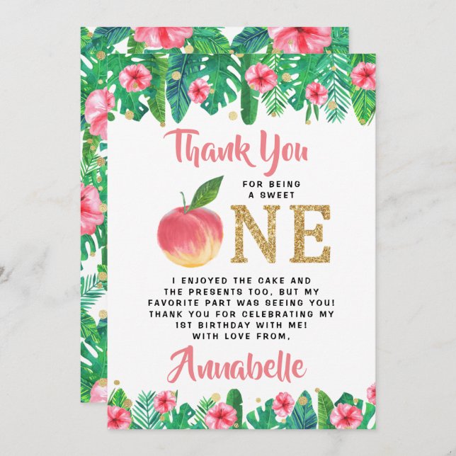 Sweet Peach Girls 1st Birthday Thank You Card (Front/Back)