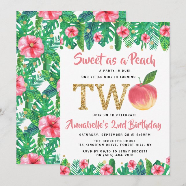 Sweet Peach Girls 2nd Birthday Invitation (Front/Back)