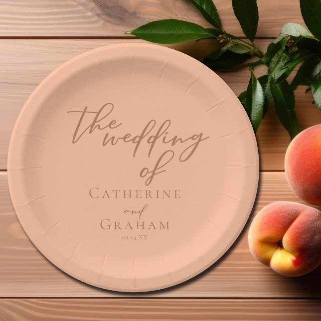 Sweet Peach Minimalist Script Summer Wedding Paper Plate (Creator Uploaded)