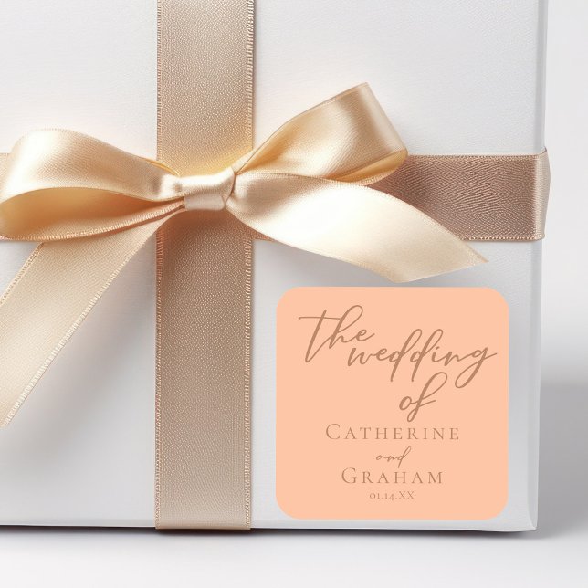 Sweet Peach Minimalist Script Summer Wedding Square Sticker (Creator Uploaded)